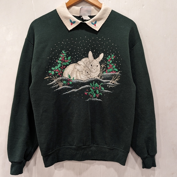 VINTAGE Morning Sun bunnies & Holly holiday Christmas sweatshirt crewneck - Picture 10 of 11